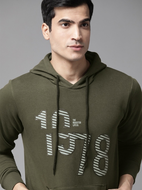 

Roadster Men Olive Green Printed Hooded Sweatshirt