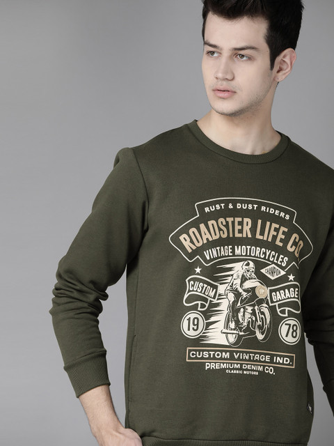 

Roadster Men Olive Green Printed Sweatshirt
