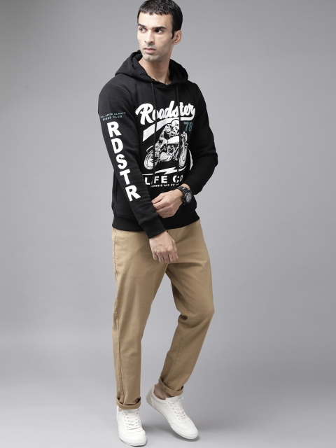 

Roadster Men Black Printed Hooded Sweatshirt