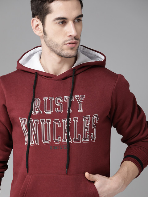 

Roadster Men Maroon & White Printed Hooded Sweatshirt