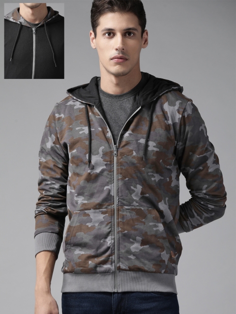 

Roadster Men Grey & Black Camouflage Print Reversible Hooded Sweatshirt
