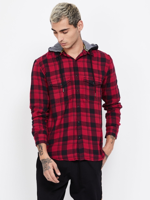 

Forca Men Red & Black Slim Fit Checked Hooded Casual Shirt