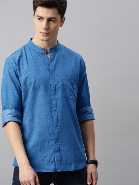 Men Blue Regular Fit Solid Casual Shirt