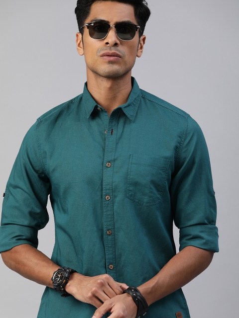 

Roadster Men Teal Green Regular Fit Solid Casual Linen Shirt