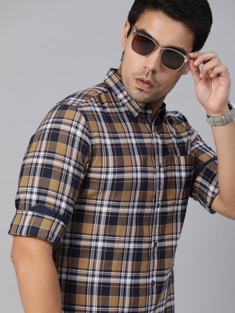 Men Brown & Navy Blue Checked Regular Fit Sustainable Casual Shirt