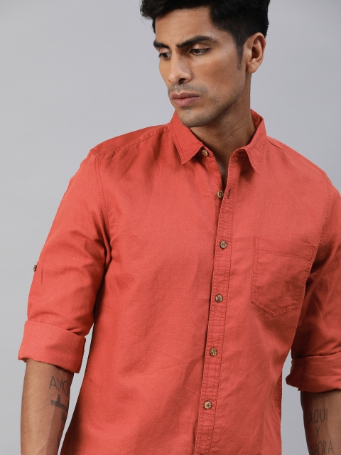 

Roadster Men Coral Orange Regular Fit Solid Casual Linen Shirt