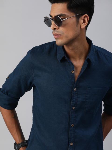 

Roadster Men Navy Blue Linen Regular Fit Solid Casual Shirt