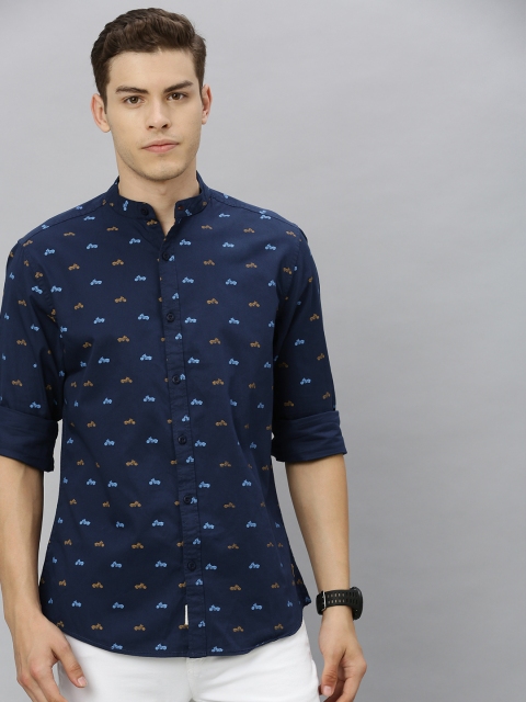 

Roadster Men Navy Blue & Mustard Yellow Regular Fit Printed Casual Shirt