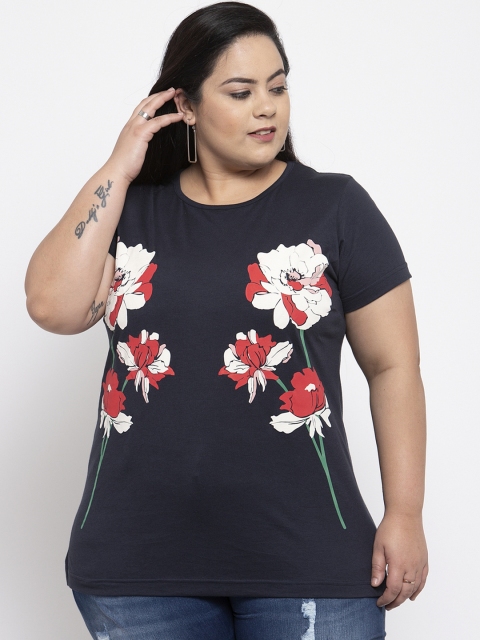 

plusS Women Navy Blue & Off-White Printed Round Neck T-shirt