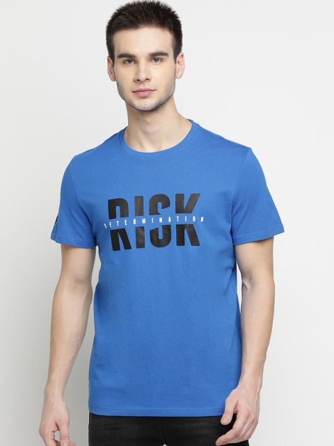 

4F Men Blue Printed Round Neck T-shirt