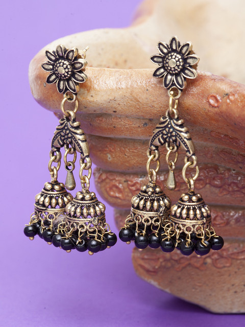 

Stoln Gold-Toned & Black Dome Shaped Jhumkas