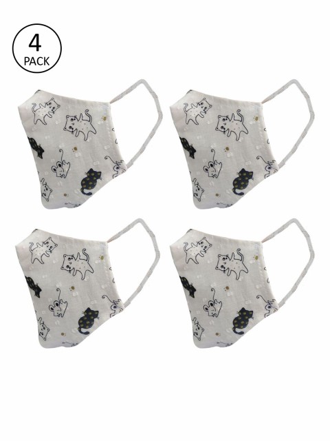 

nestroots Unisex 4 Pcs White Printed 2-Ply Anti Pollution Reusable Masks, Off white