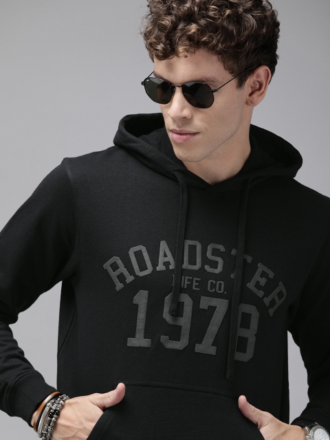 

Roadster Men Black Printed Hooded Sweatshirt
