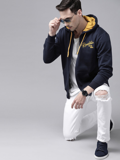 

Roadster Men Navy Blue Solid Hooded Sweatshirt