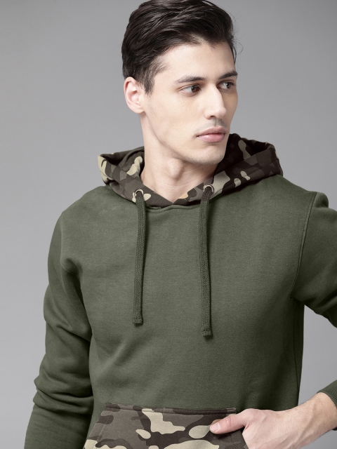 

Roadster Men Olive Green Solid Hooded Sweatshirt