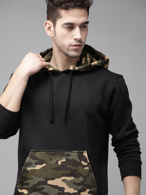 

Roadster Men Black & Olive Green Camouflage Printed Pocket Detail Hooded Sweatshirt