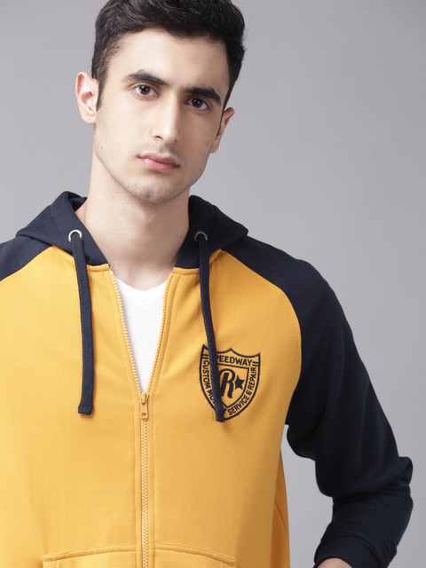 

Roadster Men Mustard Yelow & Navy Blue Solid Hooded Sweatshirt