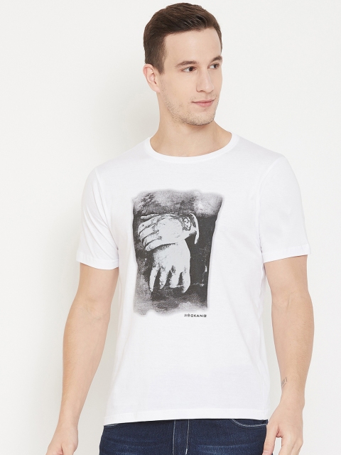 

Okane Men White Printed Round Neck T-shirt