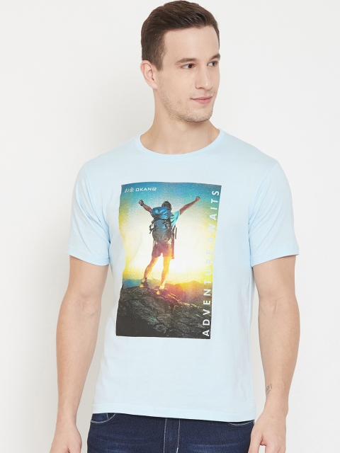 

Okane Men Blue Printed Round Neck T-shirt