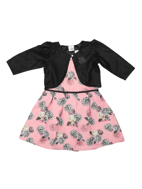 

Doodle Girls Pink & Black Printed Fit and Flare Layered Dress with Bow