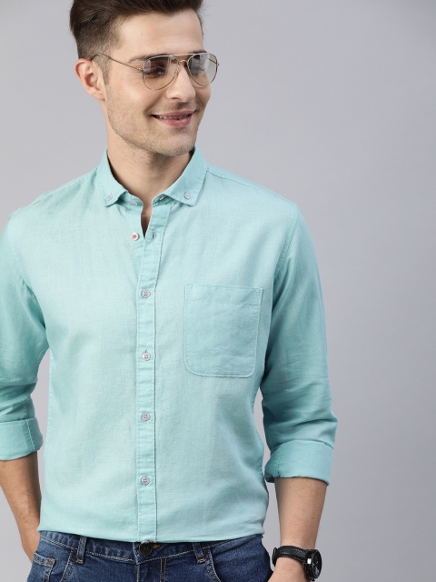 

Mast & Harbour Men Blue Slim Fit Solid Cotton Linen Casual Shirt