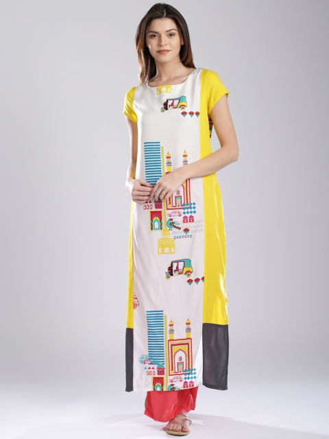 Off-hite & Yellow Printed Kurta