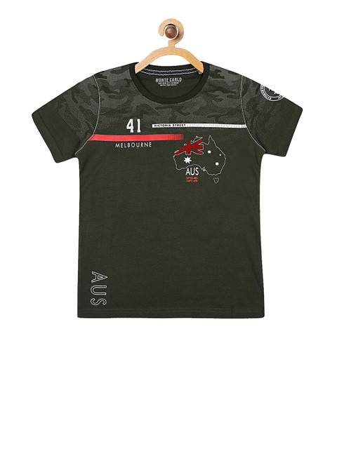 

Monte Carlo Boys Olive Green Camo Printed Round Neck T-shirt