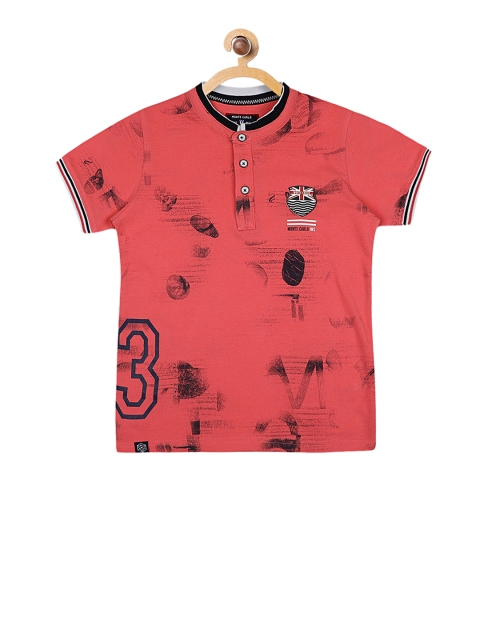 

Monte Carlo Boys Peach-Coloured Printed Mandarin Collar T-shirt