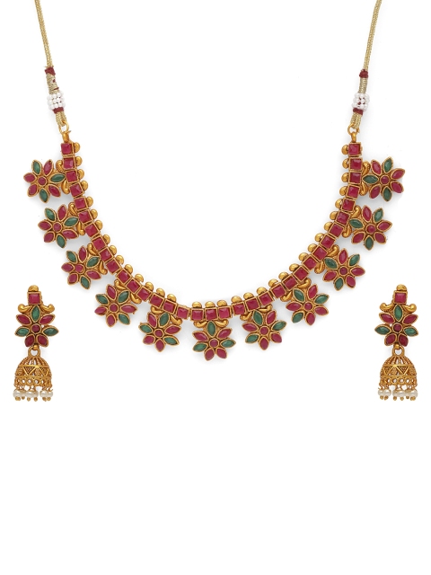 

Fabstreet Gold-Plated Red & Green Stone-Studded Temple Jewellery Set