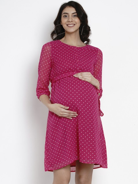

Mine4Nine Women Pink Printed Maternity A-Line Dress
