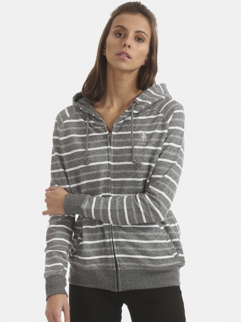 

U.S. Polo Assn. Women Women Grey & White Striped Hooded Sweatshirt