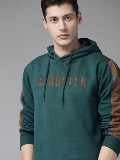 

Roadster Men Teal Green & Khaki Embroidered Detail Hooded Sweatshirt