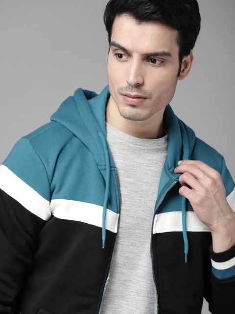 

Roadster Men Black & Blue Colourblocked Hooded Sweatshirt