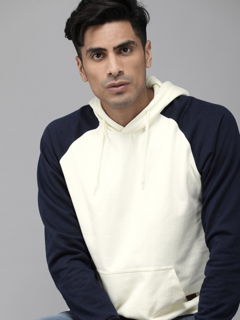 

Roadster Men White Solid Hooded Contrast Sleeve Sweatshirt