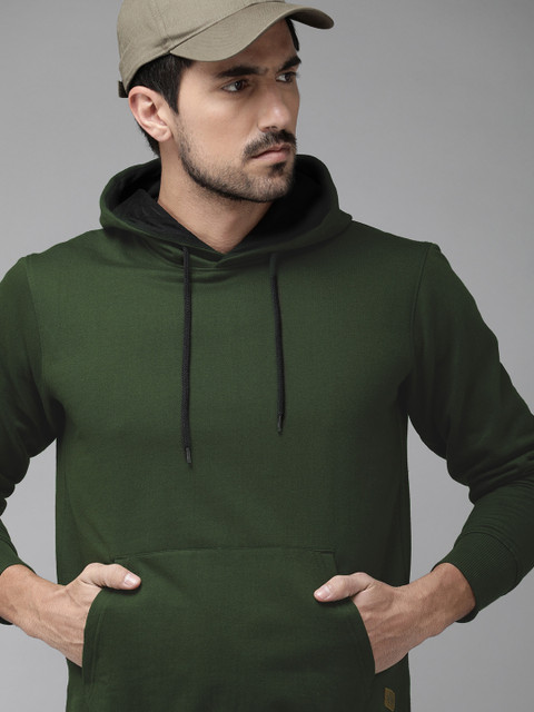 

Roadster Men Olive Green Solid Hooded Sweatshirt