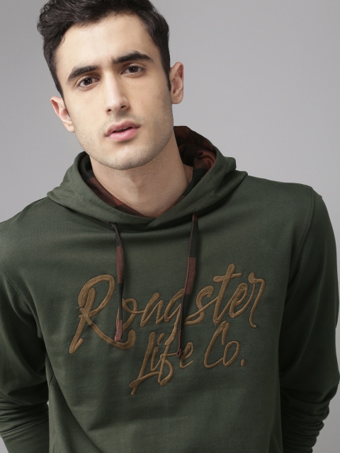 

Roadster Men Olive Green & Mustard Yellow Embroidered Hooded Sweatshirt