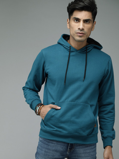 

Roadster Men Teal Blue Solid Hooded Sweatshirt