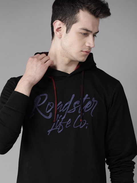 

Roadster Men Black Brand Logo Embroidered Hooded Sweatshirt