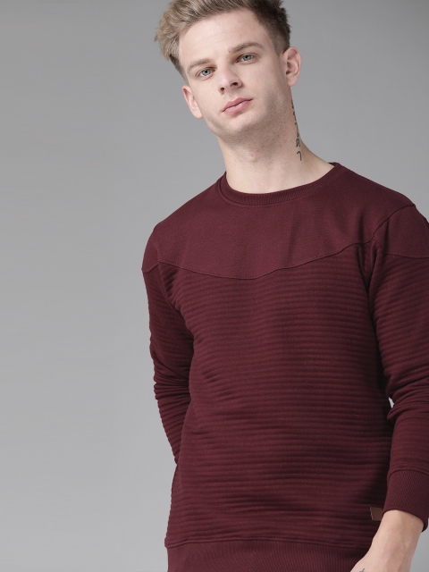 

Roadster Men Burgundy Self-Striped Sweatshirt