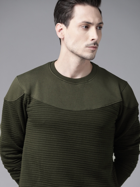 

Roadster Men Olive Green Self Striped Sweatshirt