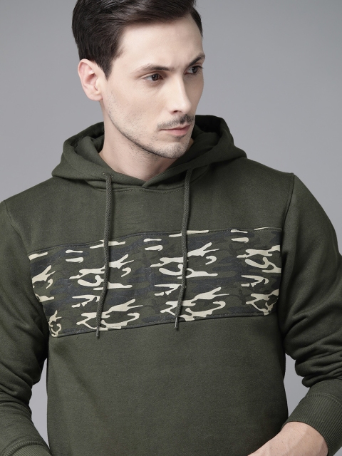 

Roadster Men Olive Green Printed Hooded Sweatshirt
