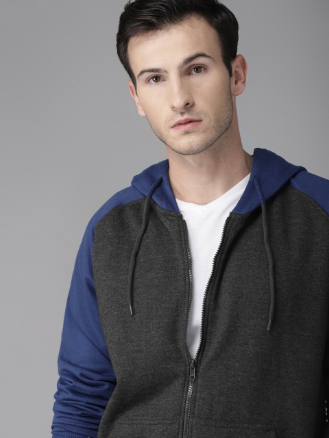 

Roadster Men Charcoal Grey & Blue Solid Hooded Sweatshirt