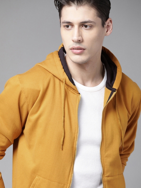 

Roadster Men Mustard Yellow Solid Hooded Front-Open Sweatshirt