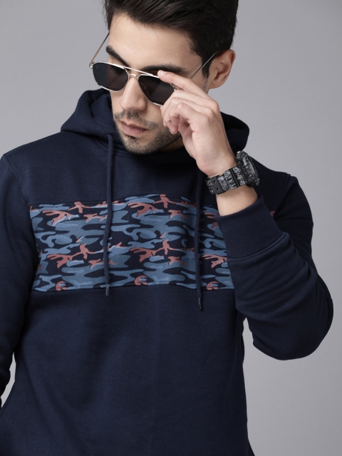 Men Navy Blue Printed Hooded Pullover Sweatshirt