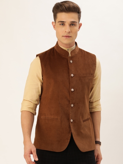 

The Indian Garage Co Men Brown Solid Velvet Nehru Jacket