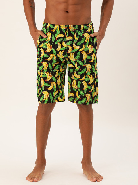 

The Indian Garage Co Men Black & Green Tropical Printed Lounge Shorts
