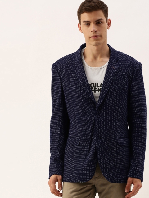 

The Indian Garage Co Men Blue & White Slim Self Design Single-Breasted Smart Casual Pure Cotton Blazer, Navy blue