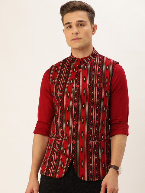 

The Indian Garage Co Men Red & Black Printed Corduroy Nehru Jacket