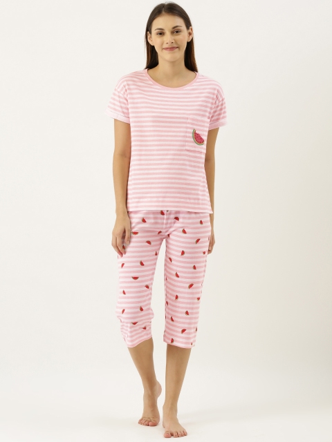 

Slumber Jill Women White & Pink Striped Night suit