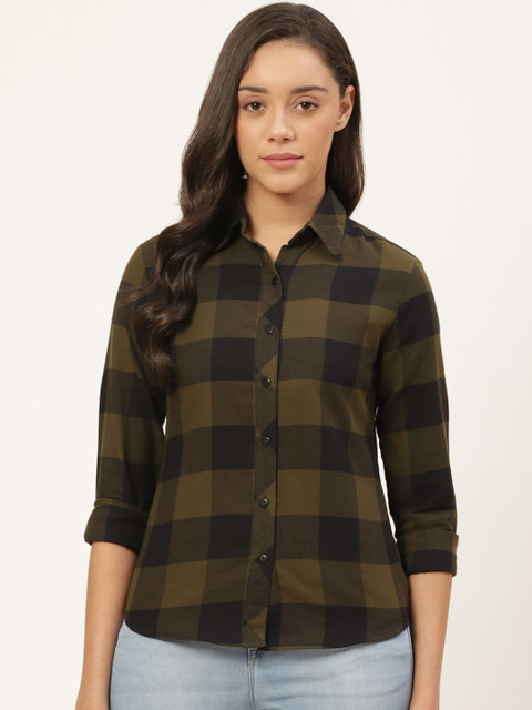 

Trend Arrest Women Olive Green & Black Regular Fit Twill Weave Checked Casual Shirt